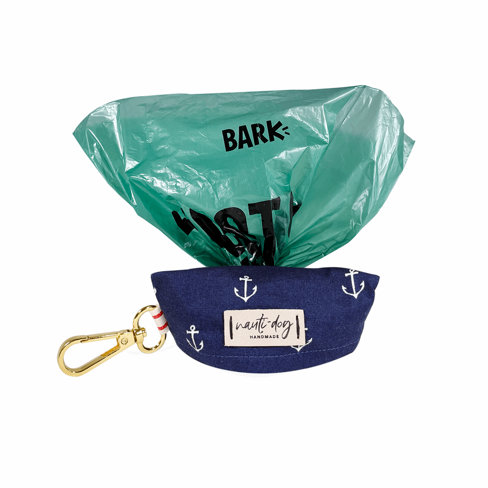 nautical navy dog poop bag holder dispenser with anchors and gold hardware