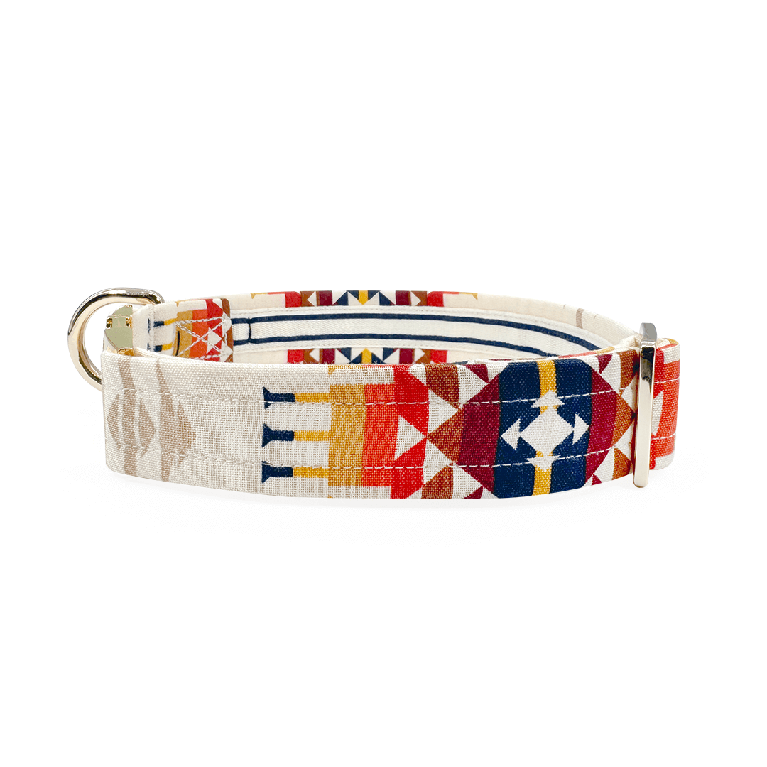 cream, green and orange southwestern print canvas dog collar with black gun metal hardware-side view