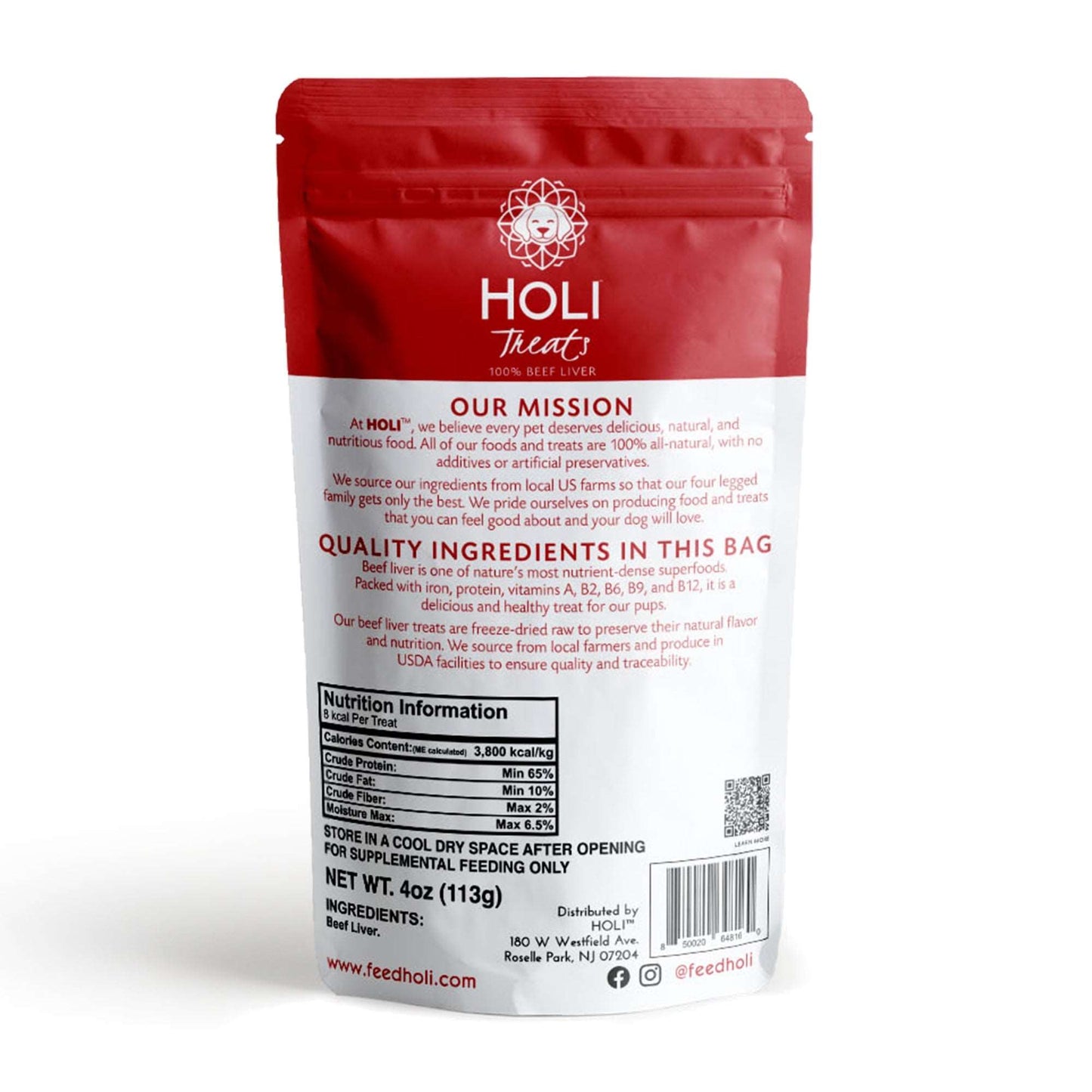 100% freeze dried beef liver dog treats back of bag information by HOLI