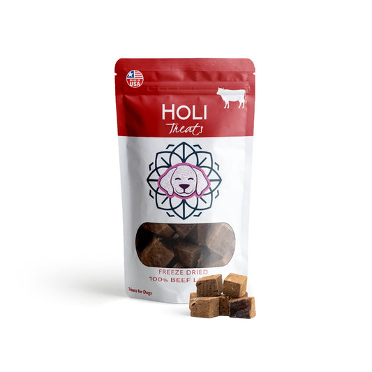 100% freeze dried beef liver dog treats with bag to show texture by HOLI