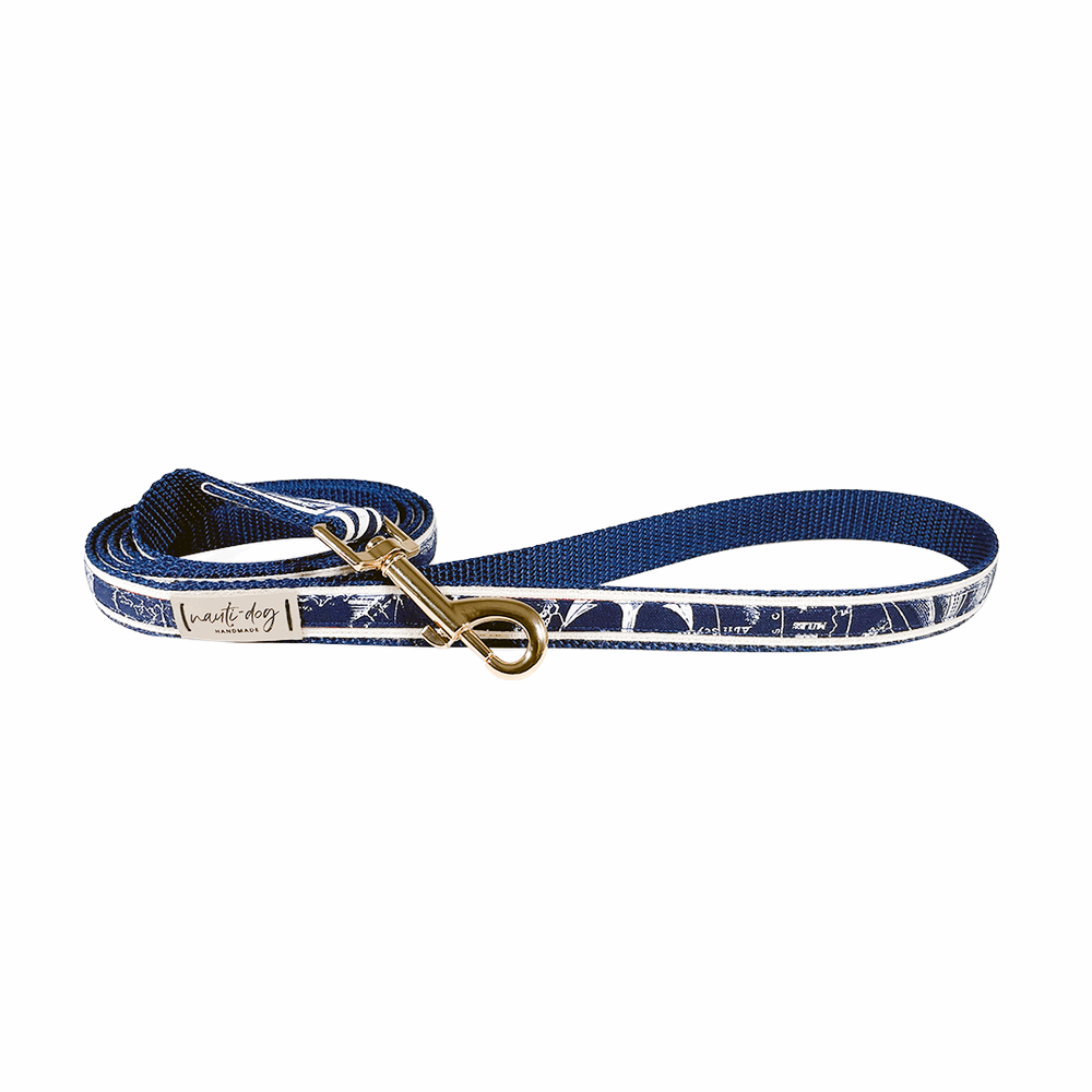 vintage navy and white maritime toile nautical map dog leash with gold snap hardware
