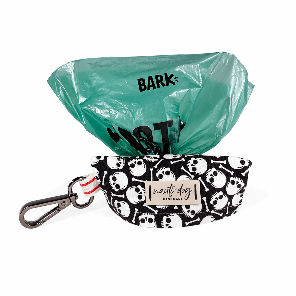Davey Jones Pirate Skull & Bones Dog Waste Poop Bag Dispenser holder with black gun metal hardware