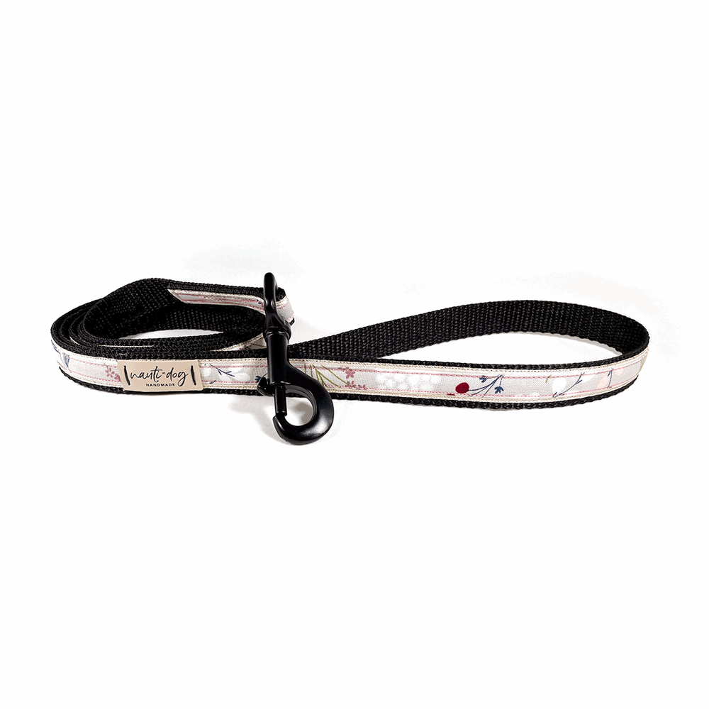 Elderberry Silver Fall Mod Floral Ribbon Dog Leash with black gun metal snap hardware
