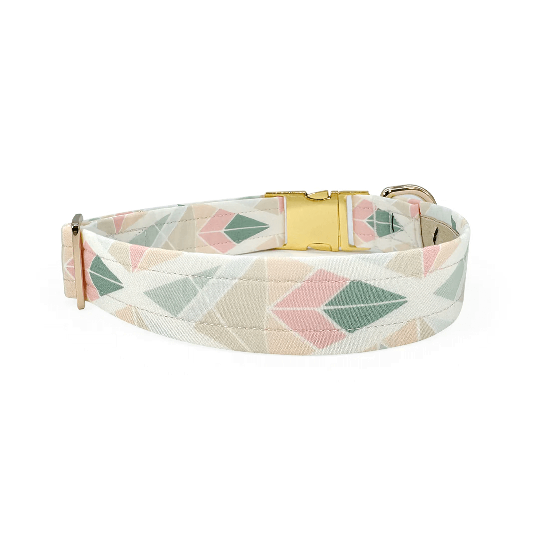 white, pink, sage and taupe geometric southwest chevron arrows on white with gold metal hardware-back view