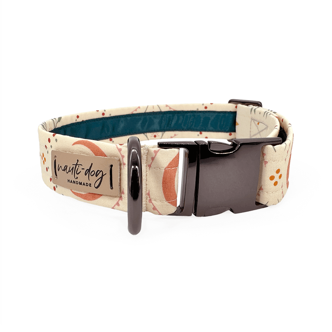 Natural dog collar with crescent moons and florals with black gun metal hardware
