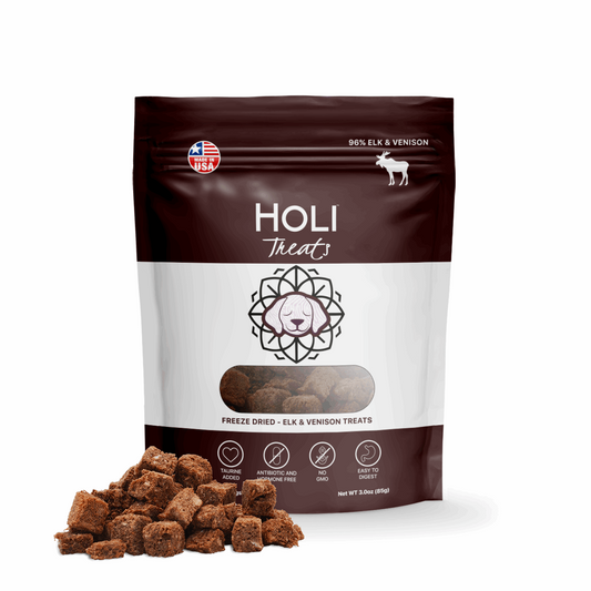 Elk & Venison freeze dried Dog Treats by HOLI--bag and treats showing texture