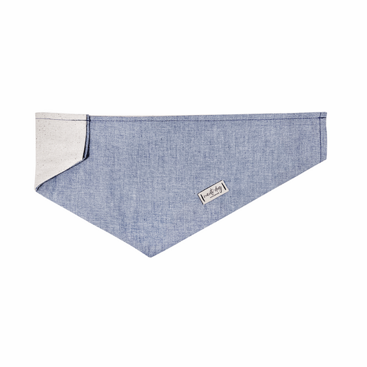 Chambray denim blue Classic Oxford over-the-collar dog bandana with leather tag