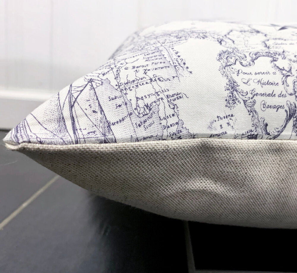 vintage white and navy maritime toile nautical map designer dog bed side view in room