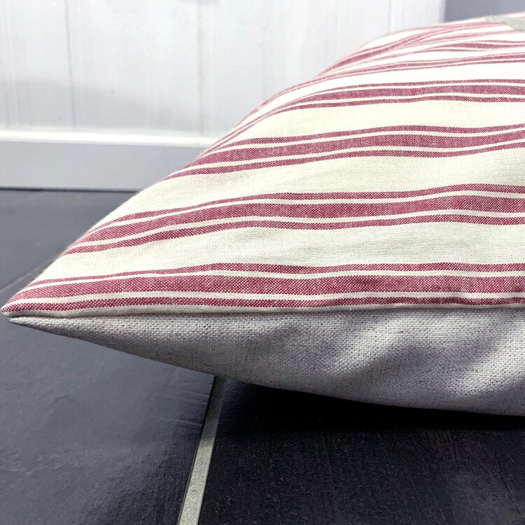 Marblehead Light Red Ticking Stripe Farmhouse Duvet Style Dog Bed--side view in room