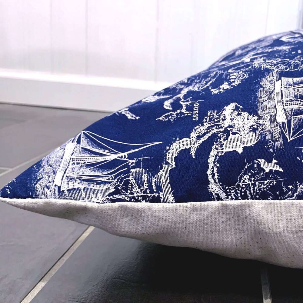 vintage navy and white maritime toile nautical map designer dog bed-side view in room