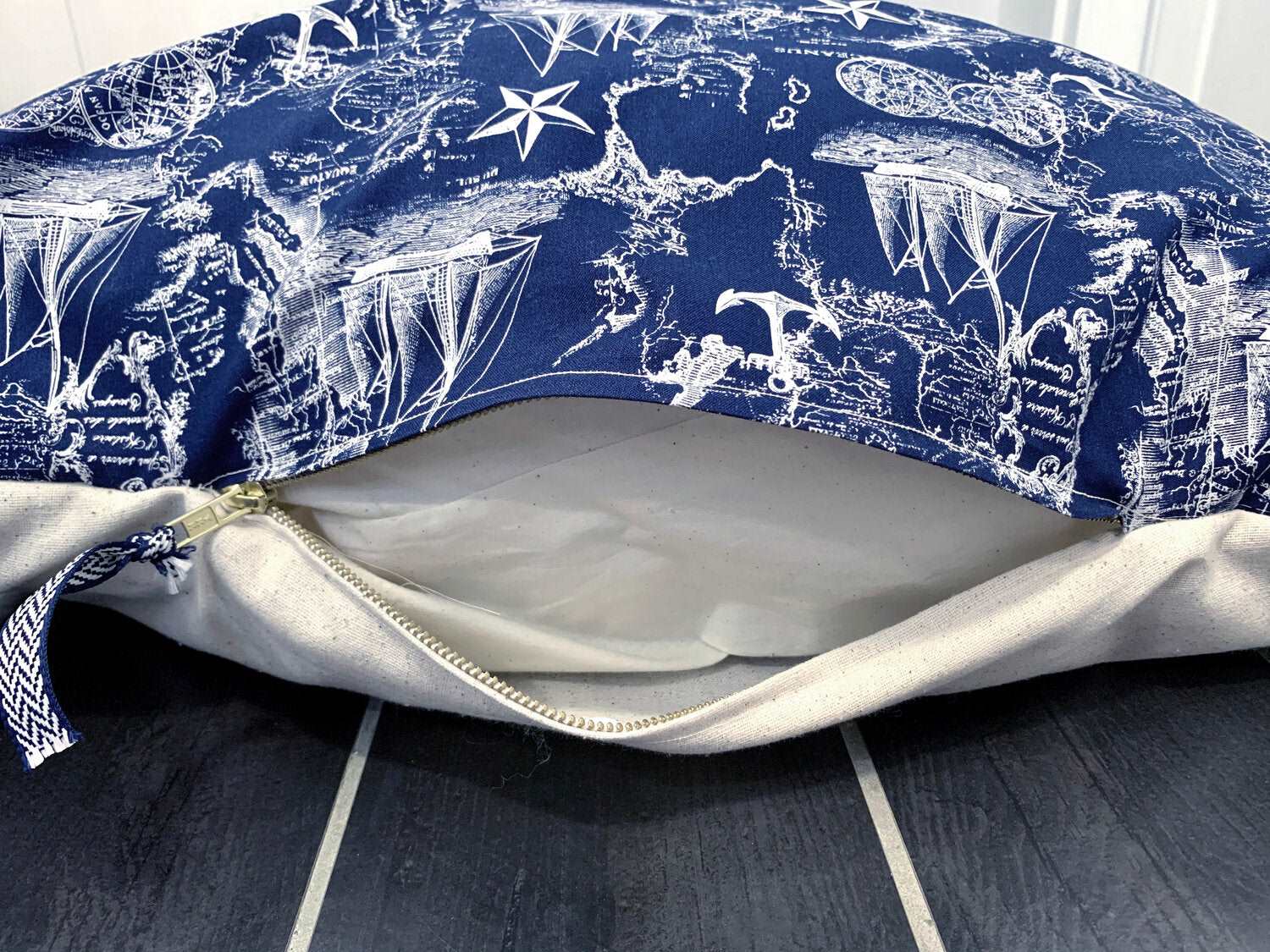 vintage navy and white maritime toile nautical map designer dog bed showing zipper and pillow insert
