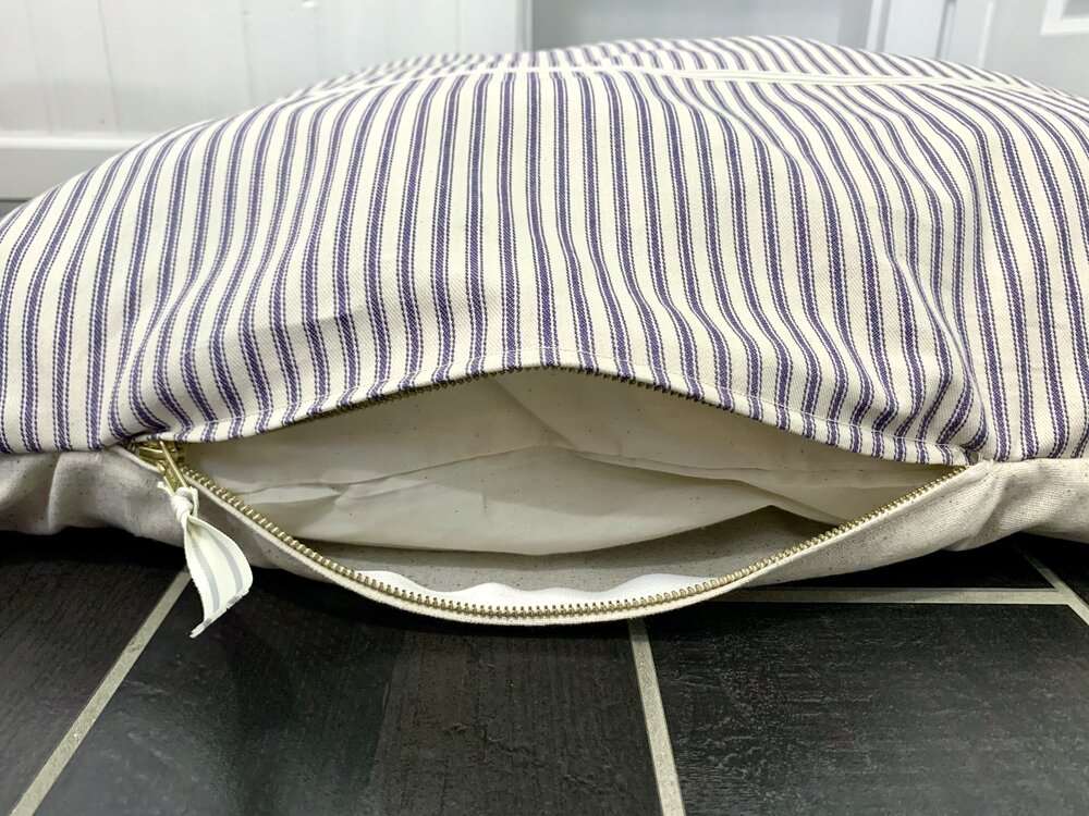 Naval Rigging Vintage Farmhouse Navy Ticking Dog Bed showing zipper and insert