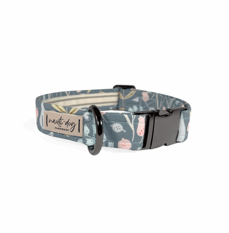 Juniper Sage Mod Fall Floral Buckle & Martingale Dog Collar with black gun metal hardware