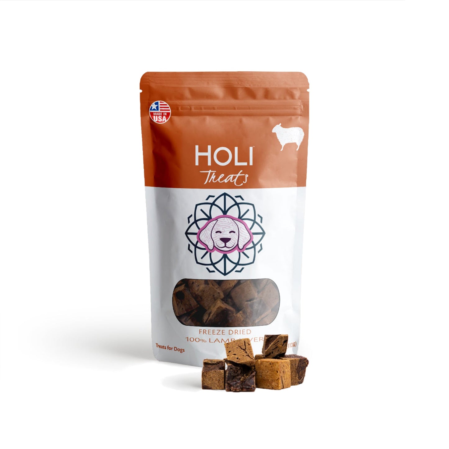 Lamb Liver Dog Treat bag and treats to show texture by HOLI