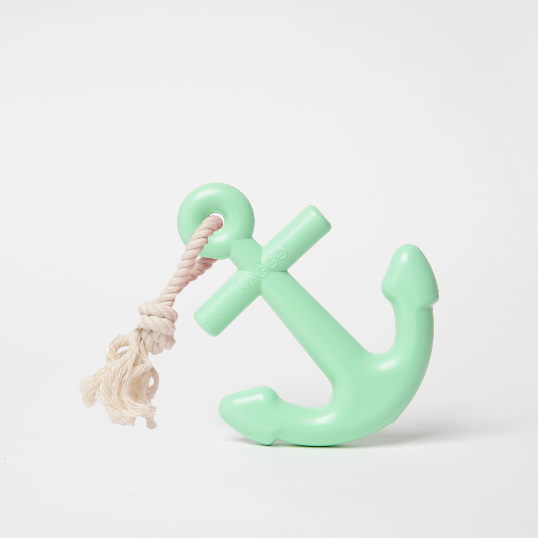 sea green rubber anchor dog chew toy with rope tug