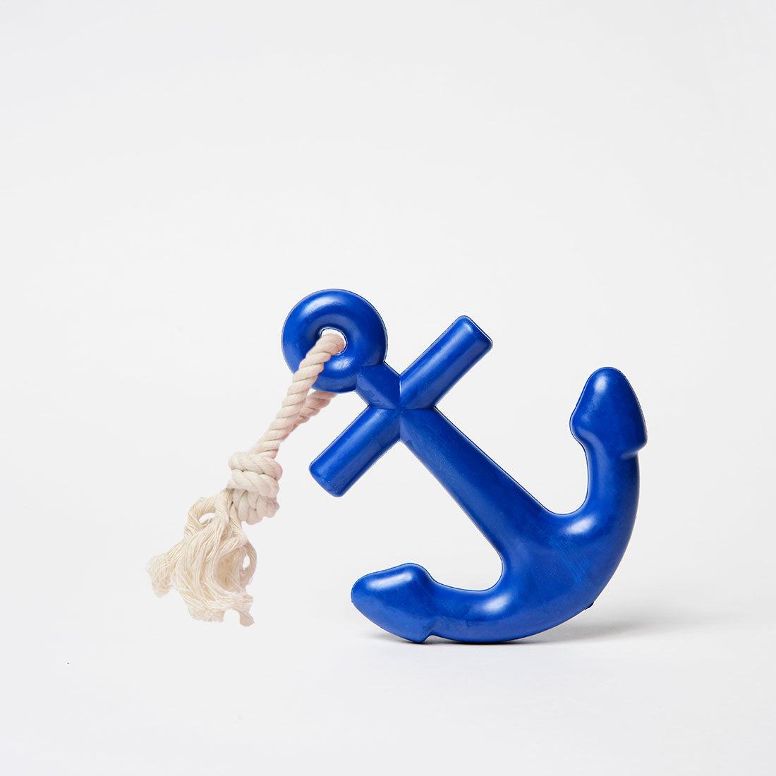blue rubber anchor dog chew toy with rope tug