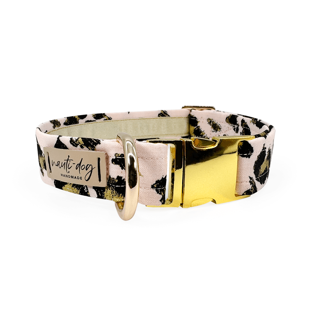 black and metallic gold leopard print on blush pink dog collar with polished gold metal hardware on white