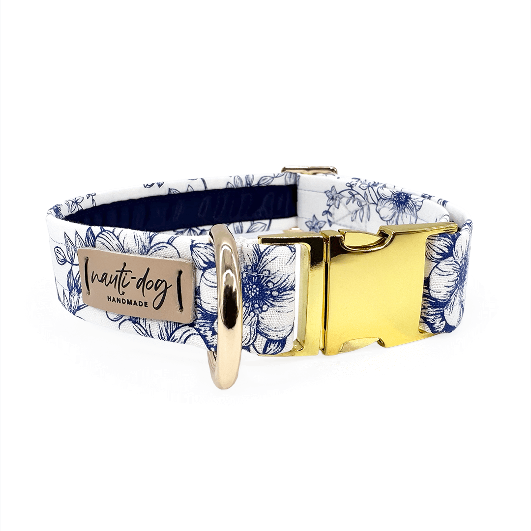 Navy and white French toile femme Japanese cherry blossom dog collar with gold metal hardware