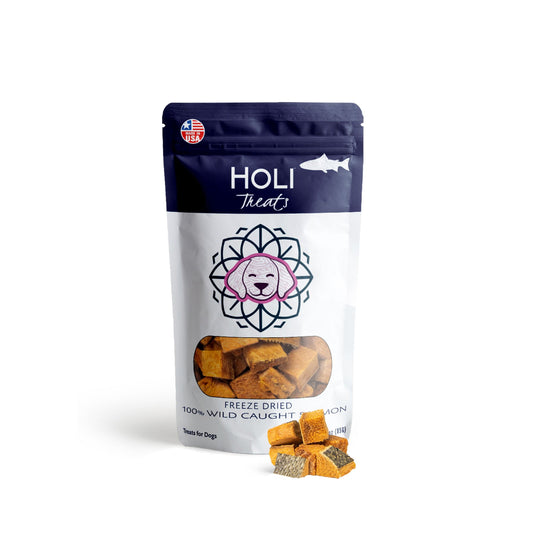 Wild Caught freeze dried Salmon Dog Treats by HOLI bag and product to show texture