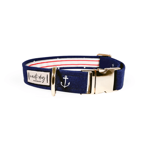 nautical navy dog collar with anchors and gold hardware