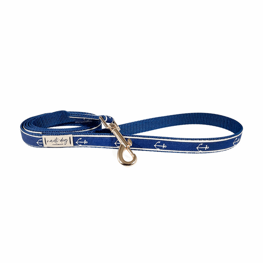 nautical navy dog leash with anchors and gold snap hardware