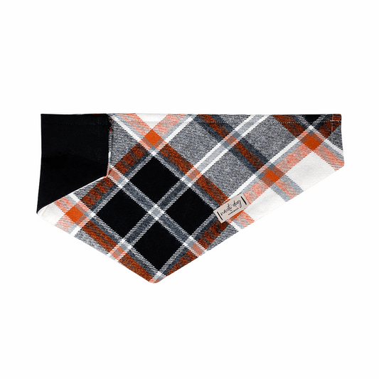 orange, black and cream fall flannel over-the-collar dog bandana with leather tag