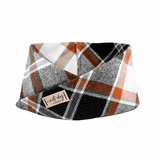 orange, black and cream plaid fall flannel winter dog scarf with leather tag