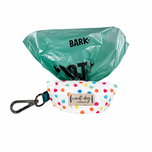 colorful rainbow confetti sprinkle polka-dot birthday dog poop bag holder dispenser with black gun metal hardware