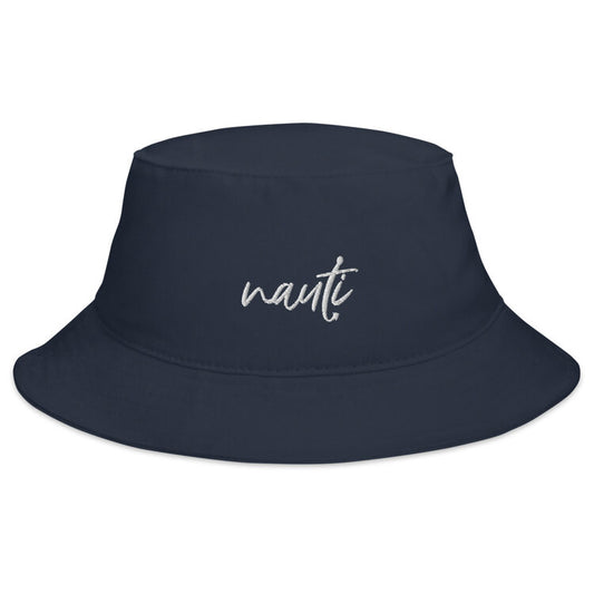 navy bucket hat with nauti script embroidery
