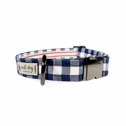 navy and white buffalo plaid dog collar with black gun metal hardware and leather tag