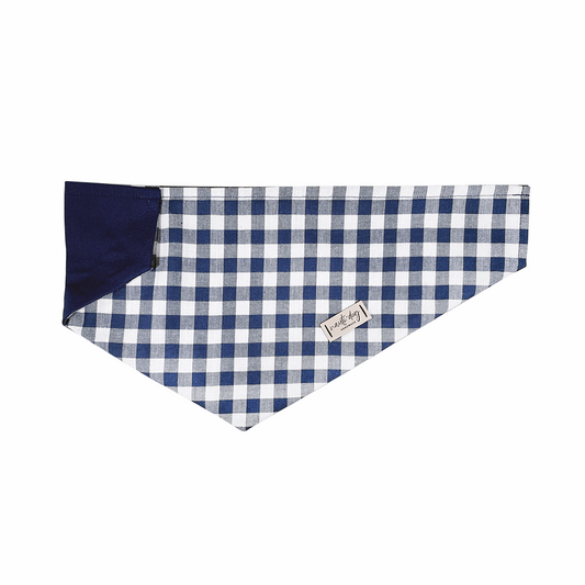 navy and white buffalo plaid over-the-collar dog bandana with leather tag