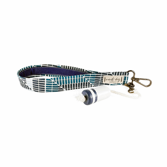 navy teal and white geometric diagonal herringbone wrist lanyard keyfob with buoy lifesaver keychain