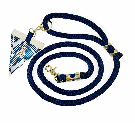 navy marine-grade rope lead with solid brass hardware and geometric diagonal herringbone accent