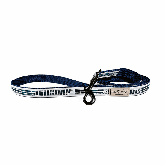 navy teal and white geometric diagonal herringbone dog leash with black gun metal snap
