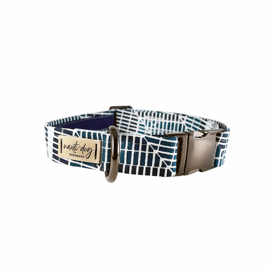 navy white and teal geometric patterned dog collar with black gun metal hardware and leather tag