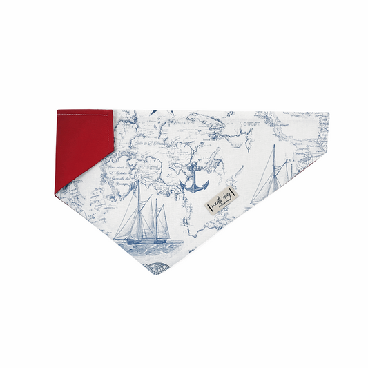 vintage white and navy maritime toile nautical map over-the-collar dog bandana with leather tag