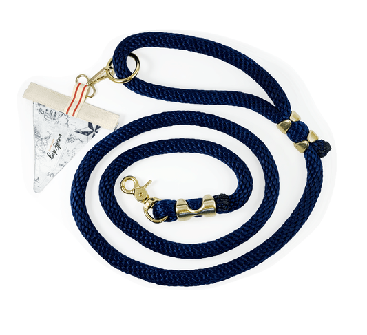navy marine-grade brass hardware rope leash with vintage white and navy maritime toile nautical map accent
