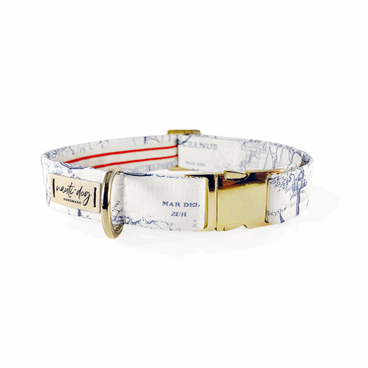 vintage white and navy maritime toile nautical map dog collar with gold hardware