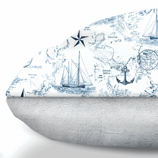 vintage white and navy maritime toile nautical map designer dog bed side view