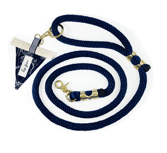navy marine-grade rope lead with solid brass hardware and vintage navy and white maritime toile nautical map accent flag