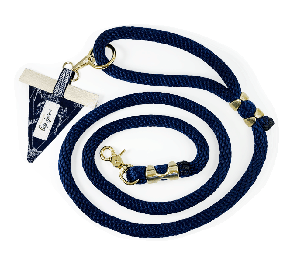 navy marine-grade rope lead with solid brass hardware and vintage navy and white maritime toile nautical map accent flag
