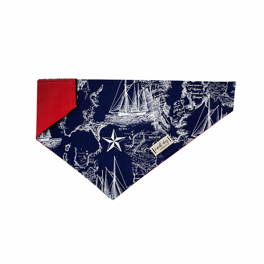 vintage navy and white maritime toile nautical map over-the-collar dog bandana with leather label