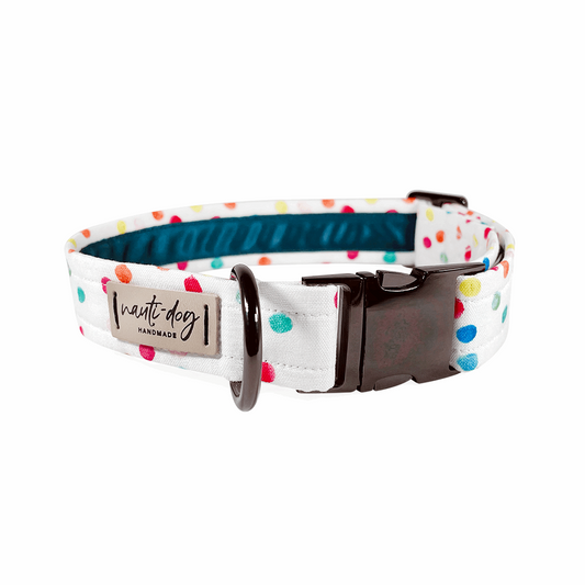 colorful rainbow confetti sprinkle polka-dot birthday dog collar with black gun metal hardware