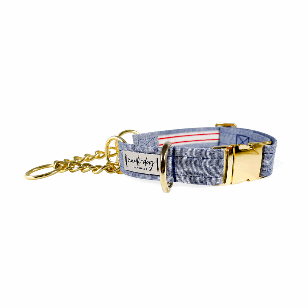 Chambray denim blue Classic Oxford Chain Martingale Dog Collar with gold hardware