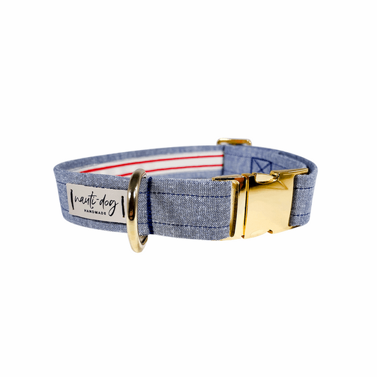 Chambray denim blue Classic Oxford Buckle Dog Collar with gold hardware