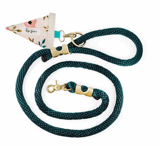 Charleston Blush Floral Tea Rose Marine-grade Premium Rope Dog Leash with solid brass hardware