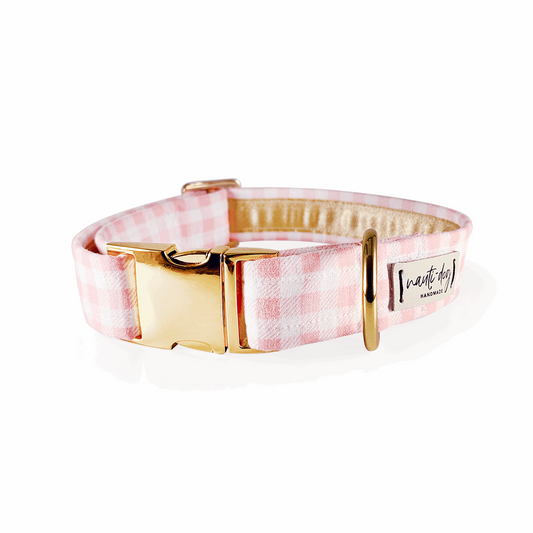 Gingham Pink Summer Plaid Check Buckle Dog Collar with gold hardware