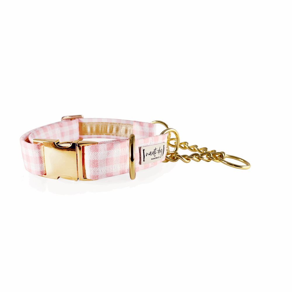 Gingham Pink Summer Plaid Check Chain martingale Dog Collar with gold hardware