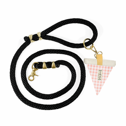 Gingham Pink Black Marine-grade rope leash with solid brass hardware and Summer Plaid Check accent flag