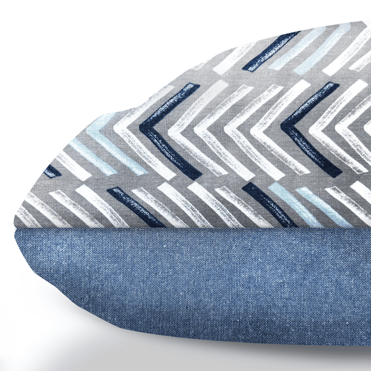 navy sky and natural Herringbone Mudcloth Chevron Woven Dog Bed with denim backing Side view
